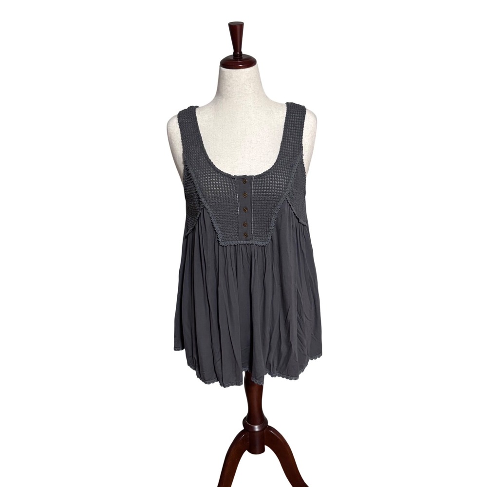 NWT POL|Swing with Me|Gray‎ Waffle Knit Babydoll Tunic Sleeveless Boho Flowy|Sm